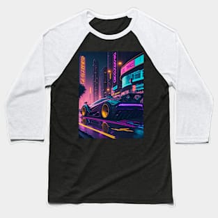 Dark Neon Sports Car in Japanese Neon City Baseball T-Shirt